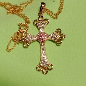NEW Gold and Pink Cross Pendant Necklace